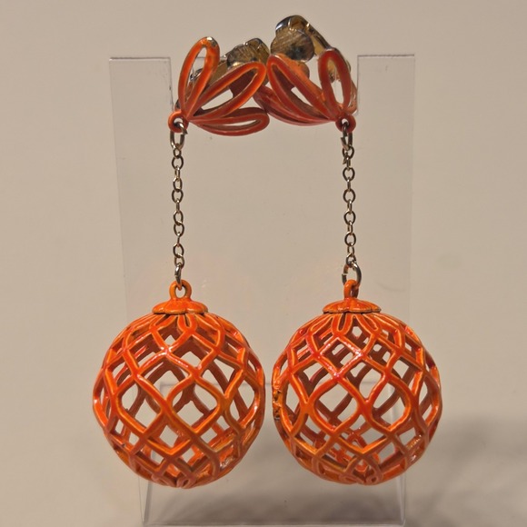 Vintage Orange Enamel Orb Cage Dangle Clip On Earrings Statement Retro
